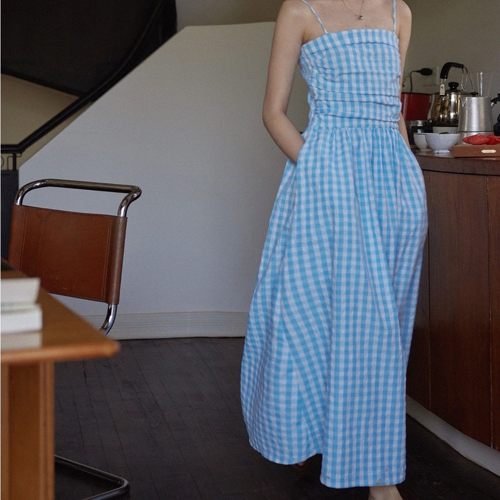 Light Blue and White poplin gingham Checkered dress